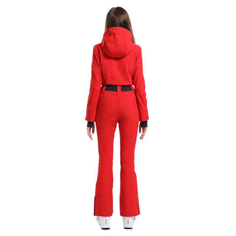 Back view of Women Dope Snow Ski Suit One Piece Jumpsuit Waterproof Windproof Warm Insulated Snowsuit with Heat Reflective Lining in Red