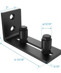 Black Floor Guide And Bottom Wall Guide Set For Barn Doors With Flush Design Flat Bottom Stay Roller Two Pack Heavy Duty Cast Iron Rust Resistant Powder Coat 5 Mm Thick 4.72 In Length 5.26 In Height 2.05 In Wide, showing dimensions