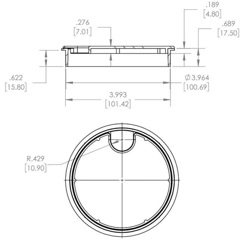 Technical drawing of Black Round Wire Management Grommet With Removable Lid For 4 Inch Cut Hole