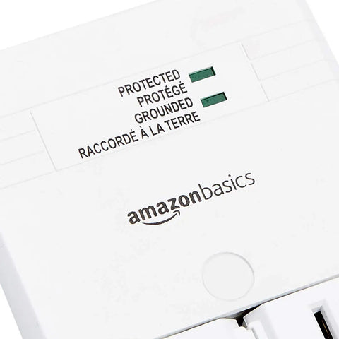 Close-up of Six-Outlet Surge Protector Wall Mount Power Strip With Rotating Outlets, 1080 Joules, showing protection indicator.