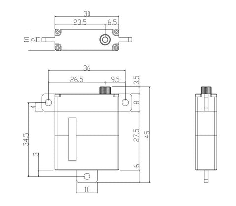 Technical drawing of OCS D1102 Digital Micro Servo Featuring Coreless Motor Wing Setup 11kg Cm Torque Dead Quiet Operation.