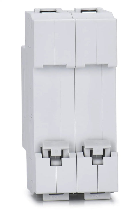 Front view of DC Miniature Circuit Breaker 2 Pole 600V 20 Amp Isolator for Solar PV System With Heavy Duty Thermal Magnetic Trip And Arc Extinguishing DC Disconnect Switch DIN Rail Mount C20.