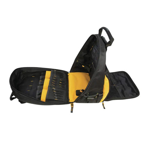 LED Light Tool Backpack With 57 Pockets Black And Yellow Three Light Settings Up To 39 Lumens Heavy Duty Comfort Carry Durable Open View