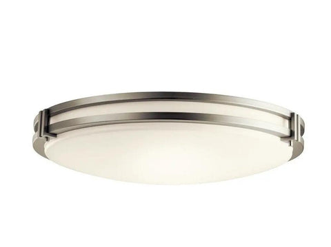 Avon 14 Inch LED Flush Mount with Acrylic Diffuser in Brushed Nickel for a Modern Home or Office, showing minimalist design and glow