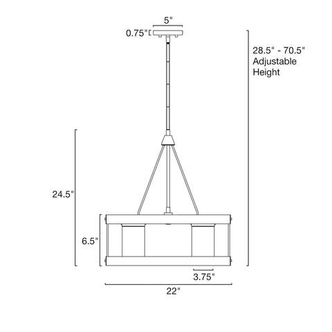 Diagram of Hayden 25 Inch 4 Light Modern Farmhouse Drum Pendant Light dimensions and adjustable hanging height.
