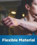 Person with arm showing a flexible fabric adhesive bandage for wounds and scrapes breathable with nonstick pad latex free 1x3 inch