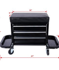 Front view of Three Drawer Chest Rolling Mechanic Seat with tool trays, black cushion and 350 pounds max weight capacity.