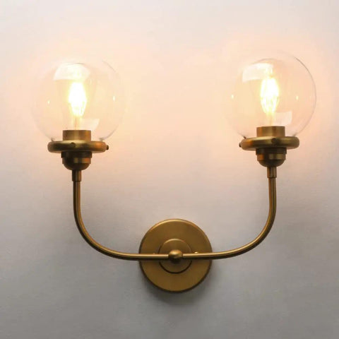 Antique Brass Double Sconce Wall Light With Clear 5.9 Inch Globe Shade, Dope Classic Vibe For Bedroom Living Room Bathroom Hallway
