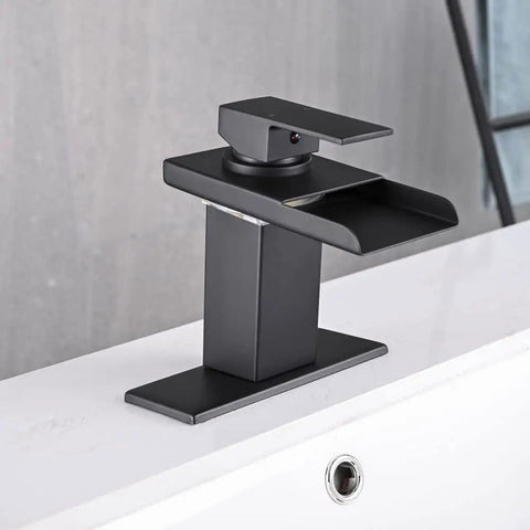 LED Temperature Sensing Matte Black Waterfall Faucet For One Hole Sinks No Sweat Install Vanity Tap With Metal Pop Up Drain Dual Water Lines Stainless Steel Spout Color Changing LED For Cold To Hot Water on white counter