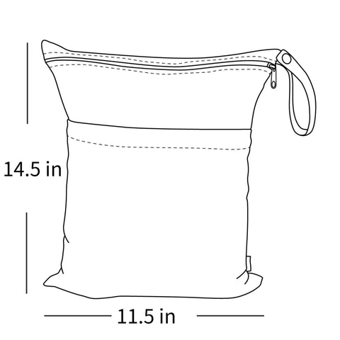Diagram of Two Pack Waterproof Wet Dry Bags For Cloth Diapers with dimensions 14.5x11.5 inches, showing dual zipper design.