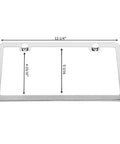 Stainless Steel License Plate Frame Set With Chrome Screw Caps Slim 2 Hole Design, dimensions shown, rustproof mirror silver finish.