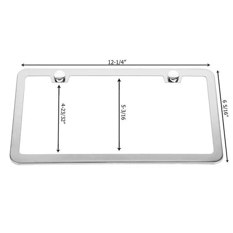Stainless Steel License Plate Frame Set With Chrome Screw Caps Slim 2 Hole Design, dimensions shown, rustproof mirror silver finish.