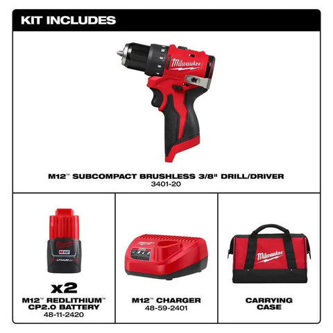 Subcompact Brushless 3/8 Inch Drill Driver Kit For Tight Spaces, drill with battery, charger, and carrying case