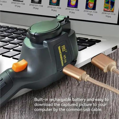 Pro Grade High Resolution Infrared Thermal Imaging Camera 320 By 240 With 3.2 Inch Color Display Model HTI 19 Enhanced shown connected to laptop.