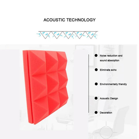 Pro Level Studio Gear Acoustic Foam Panels 12 Pack Sound Dampening Wall Tiles 2 X 12 X 12 Inch in red shaped design for acoustic treatment.