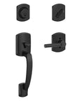 Greenwich Single Cylinder Door Handleset With Broadway Lever In Matte Black Finish, adjustable throughbolt, self-aligning holes, parts view.