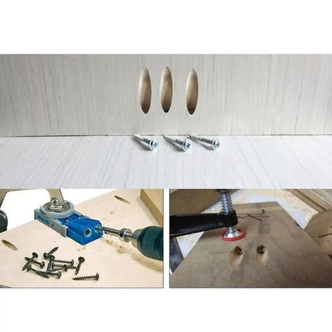 Washer Head Pocket Hole Wood Screws 100 Pieces Self Tapping Stainless Steel Fully Threaded for Woodworking projects, shown in use with jig