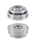 Top Shelf Hollow Harmonic Drive Gearbox Kicked Up For Stepper Servo Motors showing dual views of metal rotary reducer.