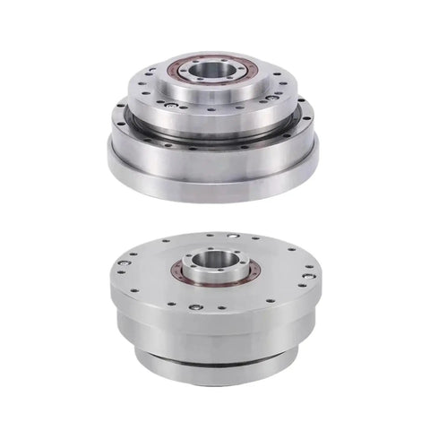 Top Shelf Hollow Harmonic Drive Gearbox Kicked Up For Stepper Servo Motors showing dual views of metal rotary reducer.