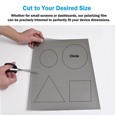 Hands cutting a 3 Pack Polarizing Film Sheet 7.8 By 11.8 Inches 20 By 30 Cm Non-Adhesive Polarizer with shape outlines