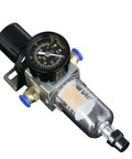 Heavy Duty 3 Liter Coolant Pump And Oil Mist Sprayer For Cnc Metalworking Ops With Flexible Shaft Solenoid Valve Plus Adjustable Pressure Regulator showing regulator with gauge and fittings.