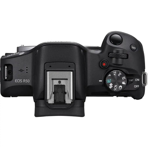 Top view of R50 APSC Mirrorless Camera Kit With 18 To 45mm Lens, 4K Video, Dual Pixel AF II, showing control dials and buttons.