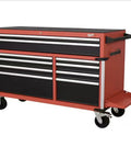 Shop Workhorse 10 Drawer Rolling Tool Chest Cabinet With Slick Roll Casters And 56 Inch Wide Steel Build For Ultimate Garage Game Changer Storage And No Fuss Workshop Organization in red with black drawers.