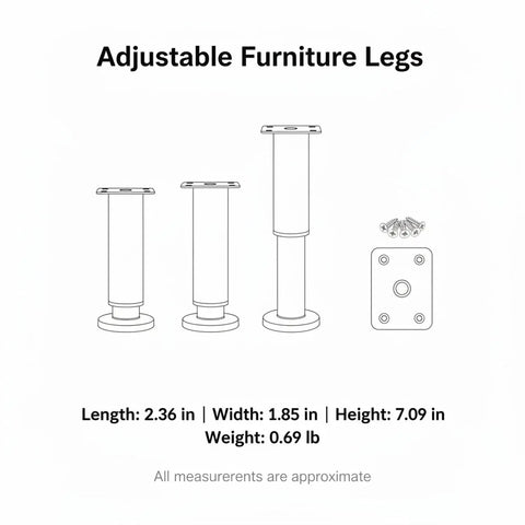 Adjustable Stainless Steel Furniture Legs For Cabinets And Sofas Leveling Feet With Screws Height Adjustable From 1.5 To 9.8 Inches Pro Grade Replacement Hardware Wobble Free Floor Leveling Heavy Duty Support. Image of three adjustable furniture legs with screws and measurements, including length, width, height, and weight details.
