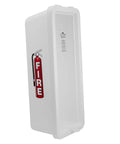 No Hassle Tough White Surface Mount Fire Extinguisher Cabinet With Pull Panel, weather-sealed, for ten-pound units, side view.