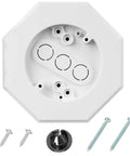 PVC Vertical Siding Lamp Mounting Kit With Built In Electrical Box For Exterior Lights Four Inch Diameter Octagon Mount Fits Half Inch Siding Durable Vinyl Block For Easy No Sweat Outdoor Lighting Install, white octagon mount with screws