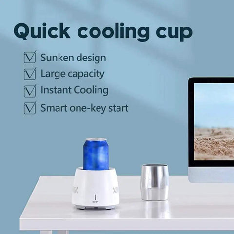 No Fuss Desktop Cup Cooler And Warmer, Instant Beverage Chiller For Coffee Tea And Beer, Rapid Cool Plus Keep Warm Mug Base on desk with can and cup.