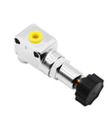 Drop Right In Adjustable Brake Proportioning Valve With 1/8 Inch 27 Npt Fittings And Beat The Streets Copper Steel Build For Sleek Rear Bias Components, chrome finish with a black adjustment knob.