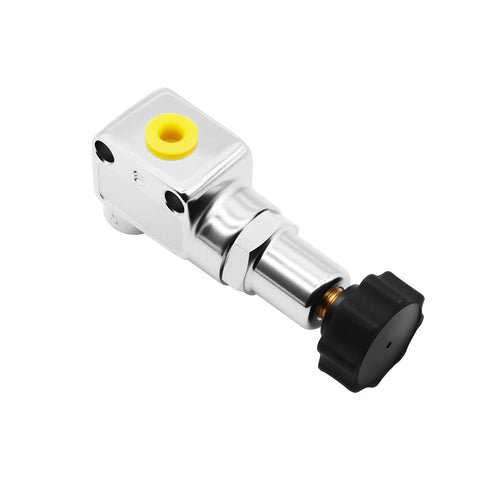 Drop Right In Adjustable Brake Proportioning Valve With 1/8 Inch 27 Npt Fittings And Beat The Streets Copper Steel Build For Sleek Rear Bias Components, chrome finish with a black adjustment knob.