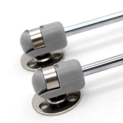 Close-up of 2 Pack Heavy Duty Gas Struts Rock Solid Soft Close Lift Supports with zinc plated finish and gray ends.