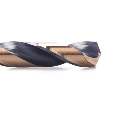Twist drill bit, 1/4 inch, gold and black coated, close-up view