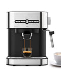Top Shelf Electric Coffee And Milk Frother Makes Velvety Cappuccinos No Sweat removable clear tank with espresso pouring.