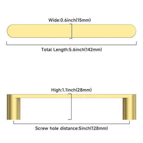 Premium Slick 5 Inch 128 mm Brushed Gold Cabinet Handles and Drawer Pulls dimensions 5.6 inch total length, 0.6 inch wide.