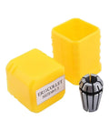 Top Tier ER11 Spring Collet Chuck Set Range 1mm To 7mm For CNC Milling And Engraving Lathes Heavy Duty Alloy Steel High Precision AA Grade Fits Tool Holder Shanks Perfect Vibe beside yellow protective case.