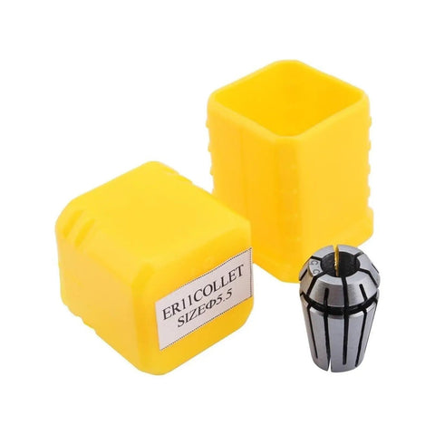 Top Tier ER11 Spring Collet Chuck Set Range 1mm To 7mm For CNC Milling And Engraving Lathes Heavy Duty Alloy Steel High Precision AA Grade Fits Tool Holder Shanks Perfect Vibe beside yellow protective case.