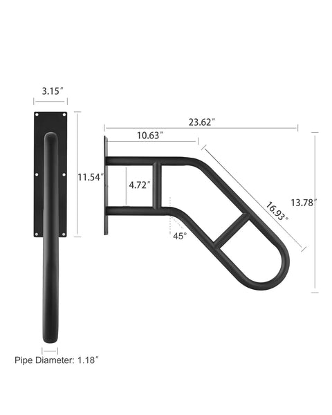 Rock Solid Wall Mounted Handrail For Porch And Stairs With Non Slip U Shaped Handle dimensions showing heavy duty black steel construction
