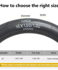 Two Pack Heavy Duty 16 Inch Bike Inner Tubes 16x1.50 16x1.75 16x1.90 AV32mm Schrader Valve diagram for tire sizing.