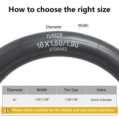 Two Pack Heavy Duty 16 Inch Bike Inner Tubes 16x1.50 16x1.75 16x1.90 AV32mm Schrader Valve diagram for tire sizing.