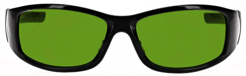 Top Drawer Laser Safety Glasses Built Tough With Dual Layer Polycarbonate Lenses For Heavy Hitting Od Eight Plus Defense, front view design with green lenses.