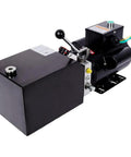 Greron 12V DC Single Acting Hydraulic Pump With Steel Reservoir Power Unit for heavy duty lifting, featuring compact design and controls.