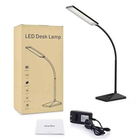 Dope LED Desk Lamp With USB Charging Port, Eye-Caring Light for Dorm, Office, and Bedroom next to box and power adapter