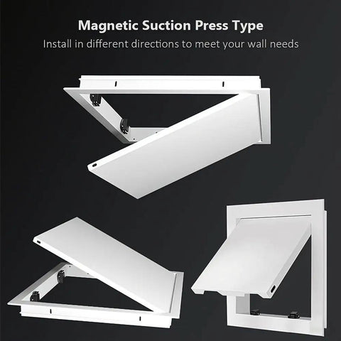 Rock Solid 2 Pack 12X12 Inch Metal Access Panels With Strong Magnetic Latch shown from multiple angles highlighting installation versatility.