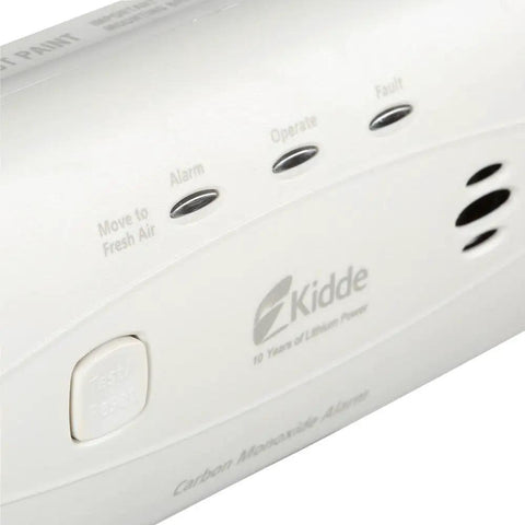 Close-up of Worry Free Carbon Monoxide Detector Alarm With 10 Year Sealed Battery Never Change Battery Again showcasing buttons and vents.