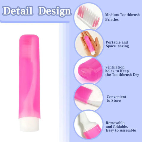 Detail design of Three Pack Travel Toothbrush Set With Soft Bristles showing pink foldable toothbrush and ventilation features
