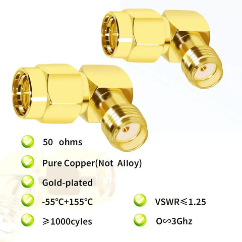 Gold plated Right Angle SMA Male To Female Connector Adapter for WiFi Antenna, FPV Drone, 90 Degree Coax Cable, 2 Pack