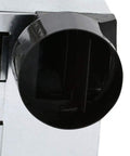 Close-up of the round duct collar of a Round Bath Fan With Light In Nickel Finish, 70 CFM Vent With Decorative Grill And Frosted Glass Lens